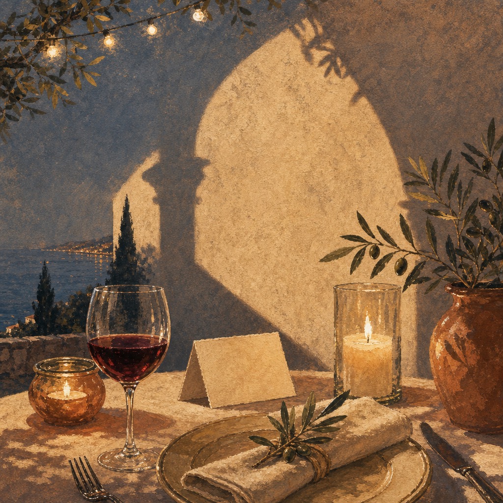 Original illustration of a candlelit private-event table with wine, olive branches, and string lights