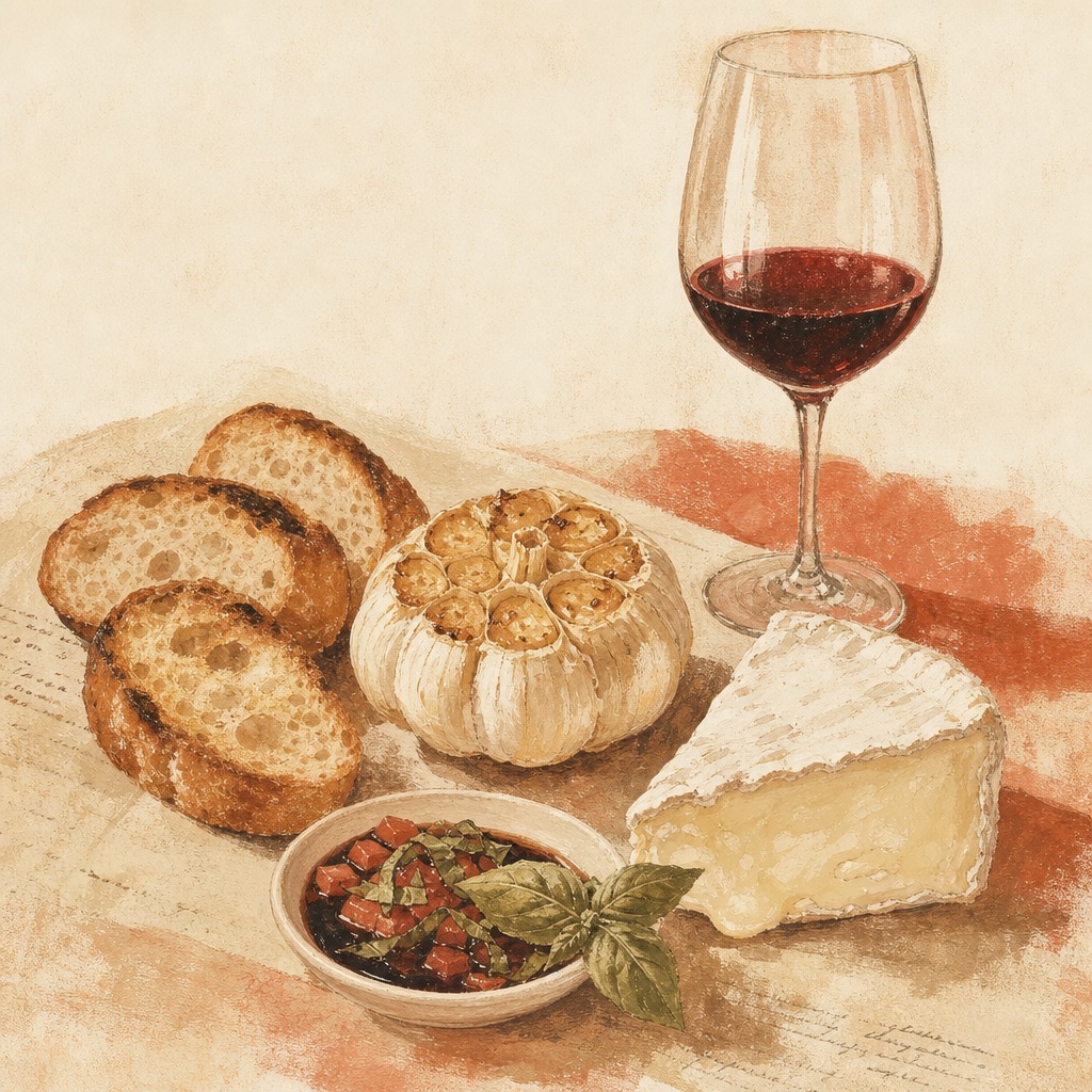 Original illustration of roasted garlic, brie, toasted bread, basil, and wine for the Old Venice preview